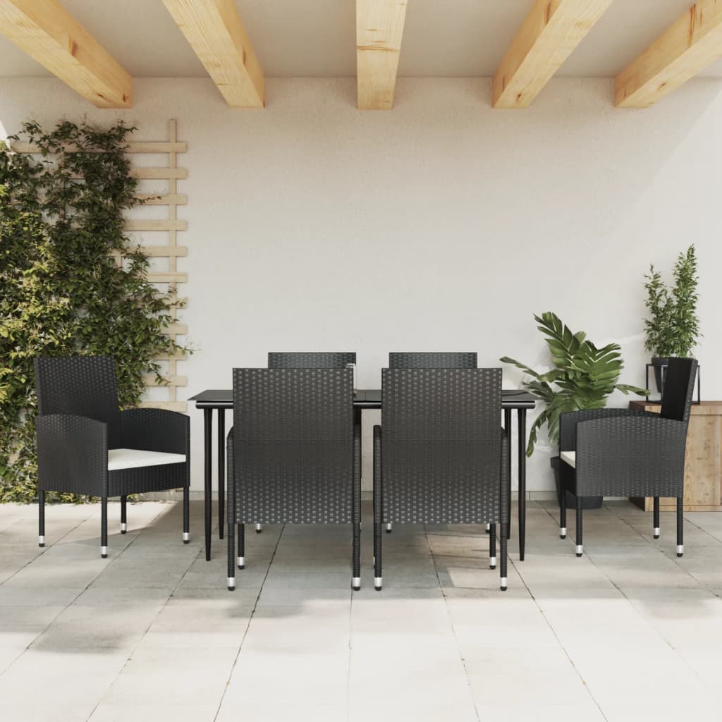 7 Piece Garden Dining Set Black Poly Rattan and Steel