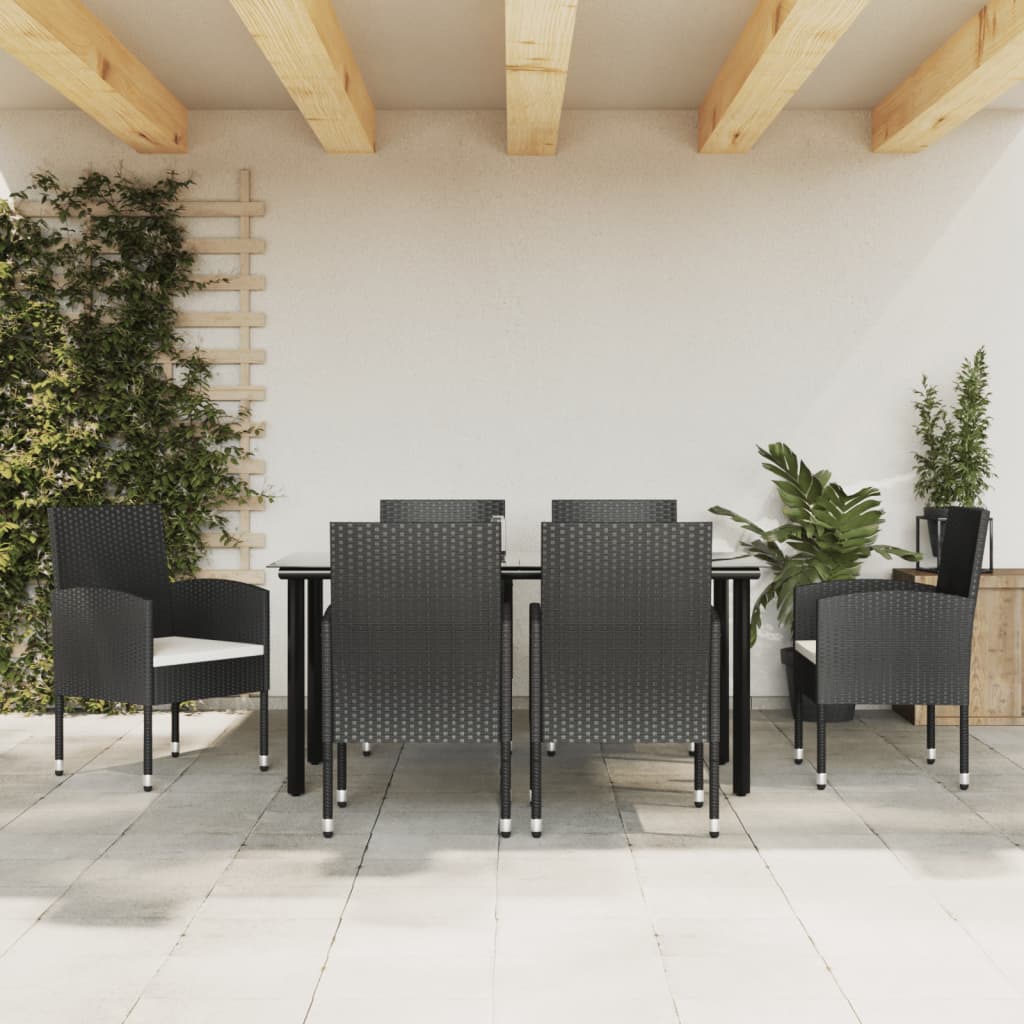 7 Piece Garden Dining Set Black Poly Rattan and Steel