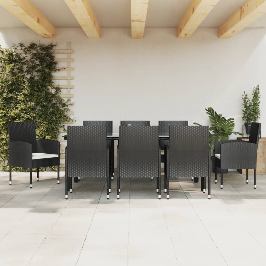 9 Piece Garden Dining Set Black Poly Rattan and Steel