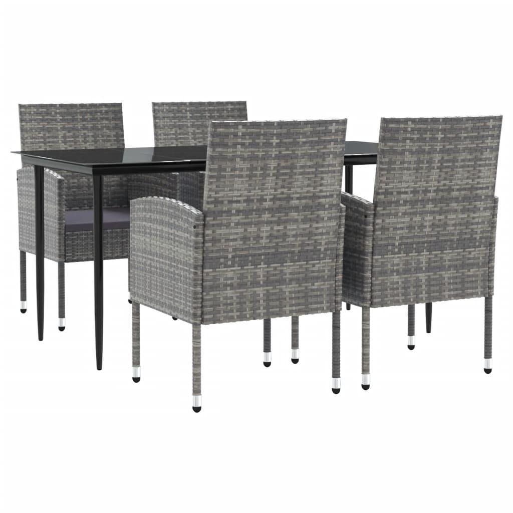 5 Piece Garden Dining Set Grey and Black Poly Rattan and Steel