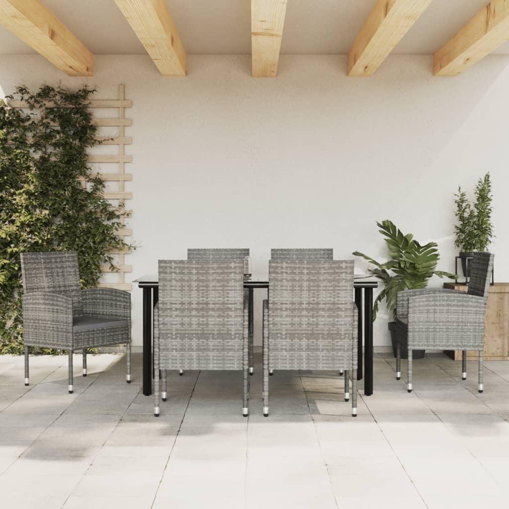 7 Piece Garden Dining Set Grey and Black Poly Rattan and Steel