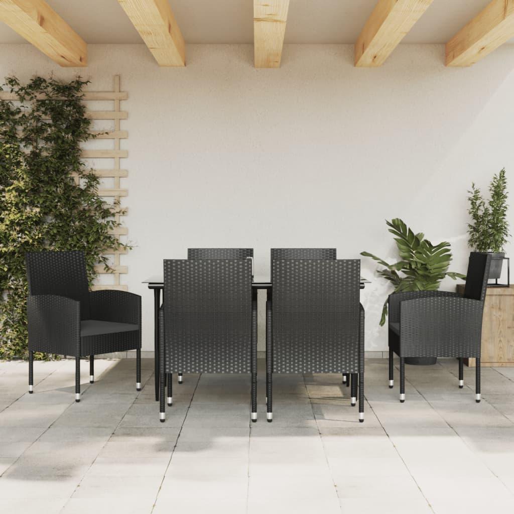 7 Piece Garden Dining Set Black Poly Rattan and Steel