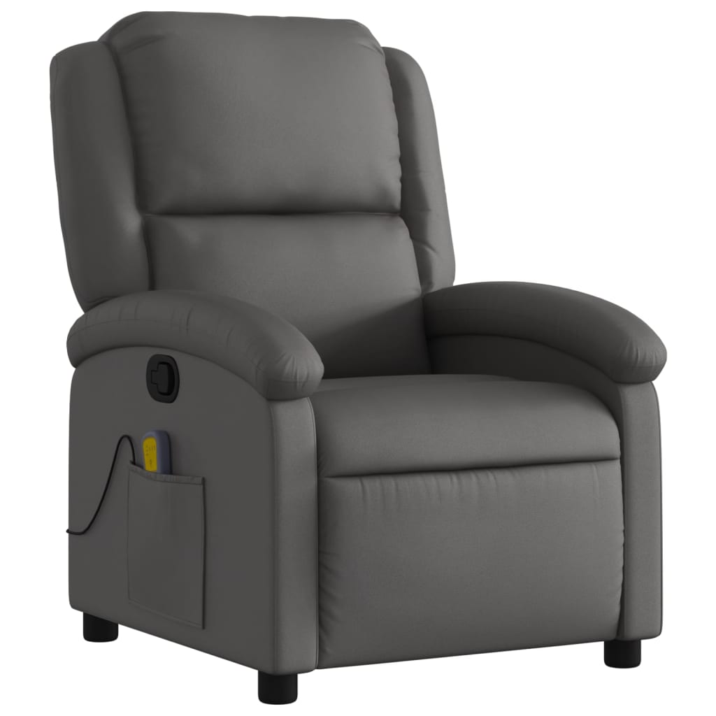 Massage Recliner Chair Grey Real Leather