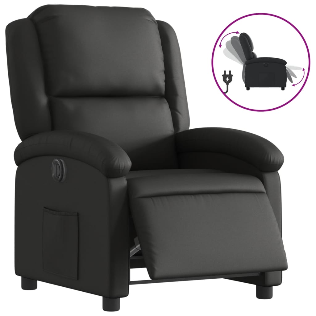 Electric Recliner Chair Black Real Leather