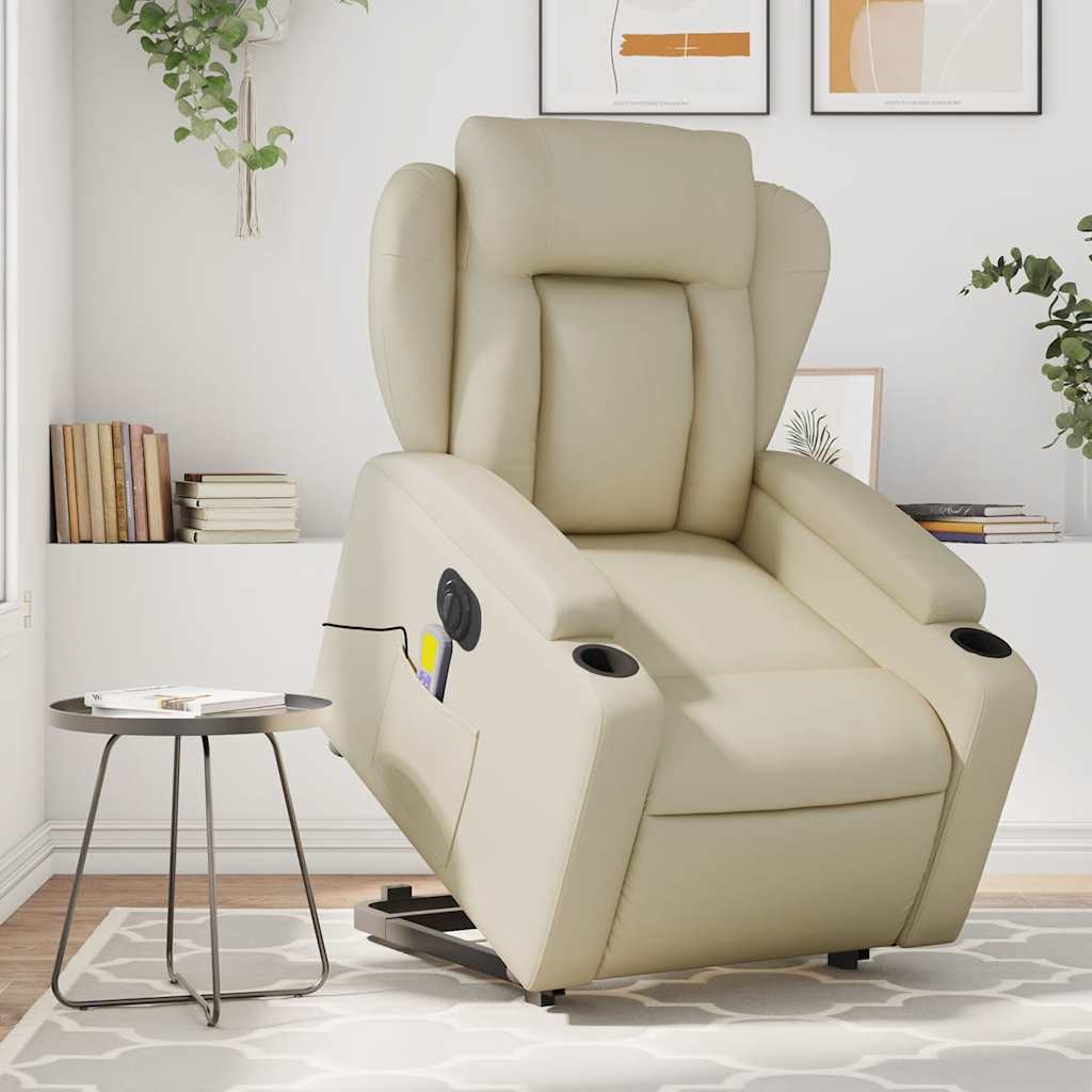 Electric Stand up Massage Recliner Chair Cream Faux Leather