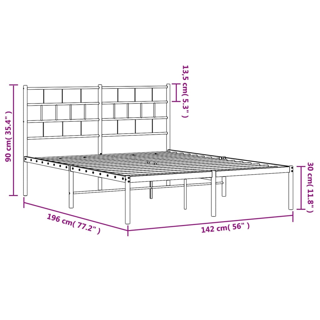 Metal Bed Frame without Mattress with Headboard Black 135x190 cm