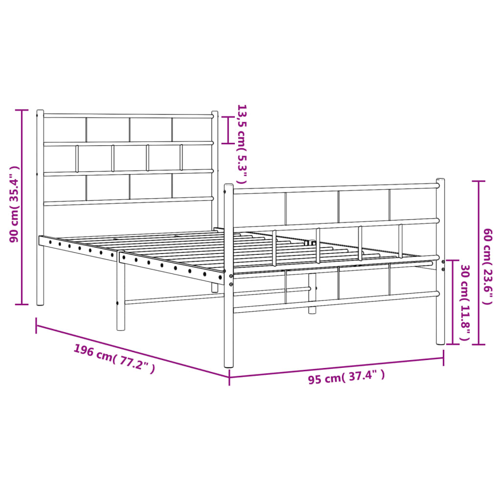 Metal Bed Frame without Mattress with Footboard White 90x190 cm