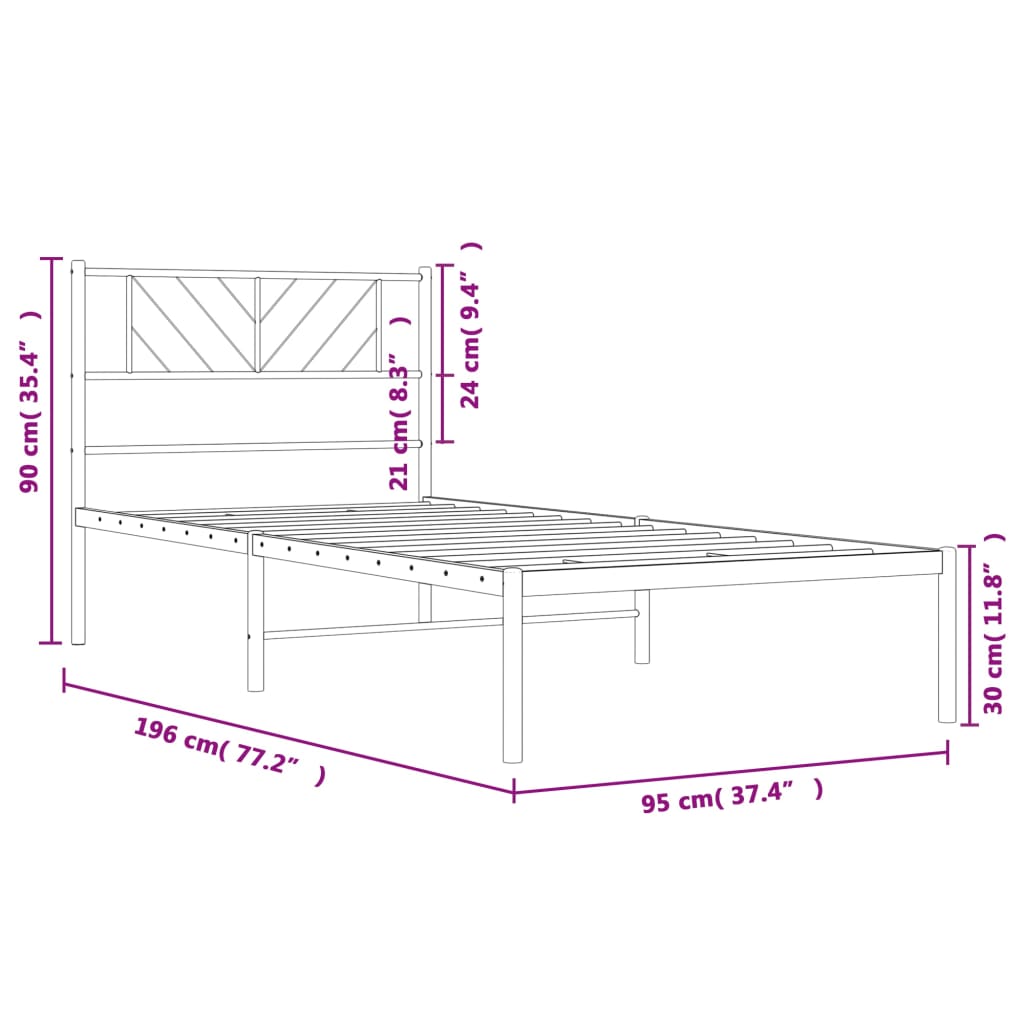 Metal Bed Frame without Mattress with Headboard Black 90x190 cm