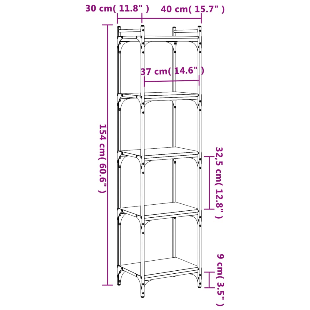 Bookcase 5-Tier Black 40x30x154 cm Engineered Wood