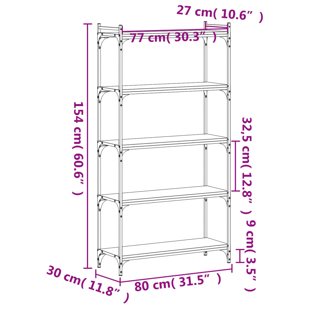 Bookcase 5-Tier Black 80x30x154 cm Engineered Wood