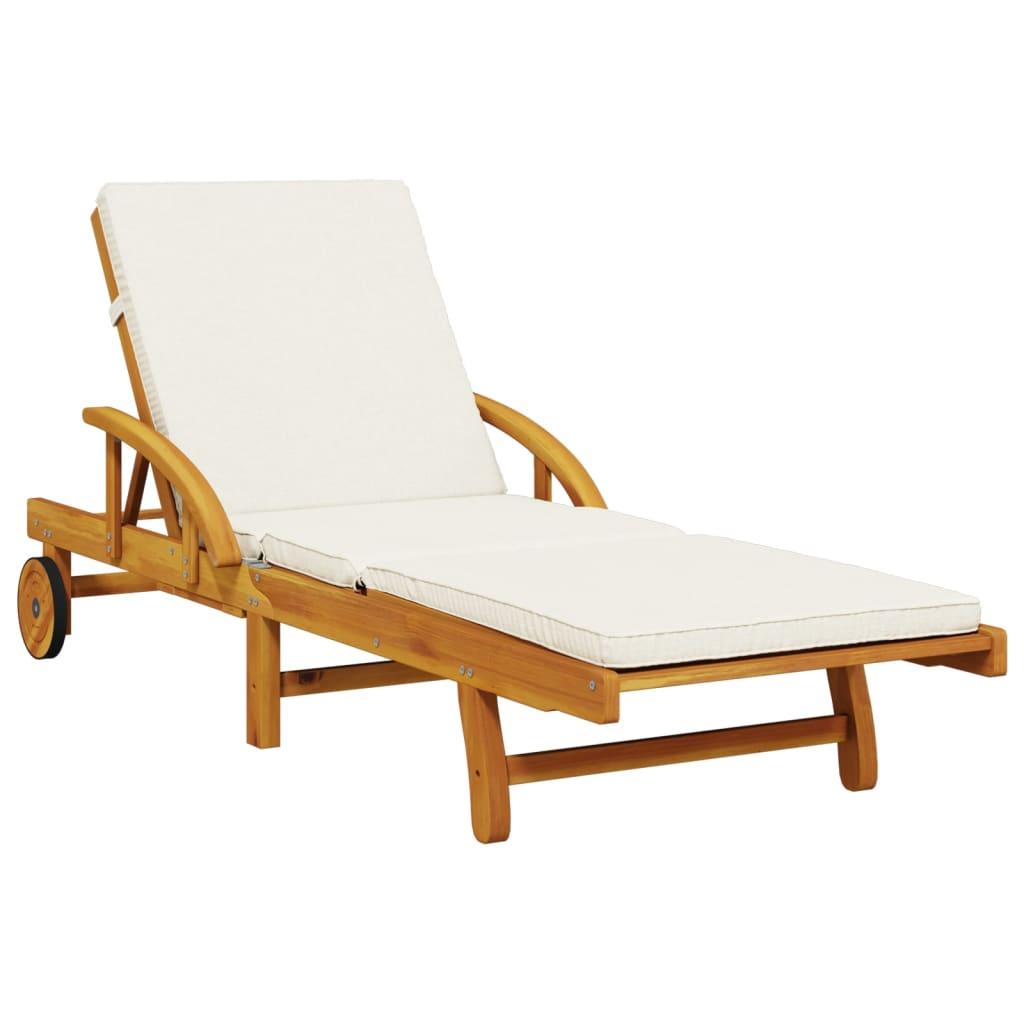 Sun Lounger with Cushion and Table Solid Wood Acacia