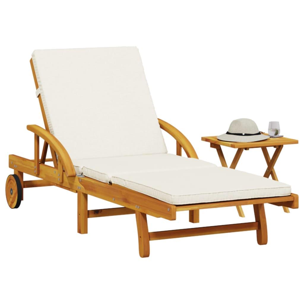 Sun Lounger with Cushion and Table Solid Wood Acacia