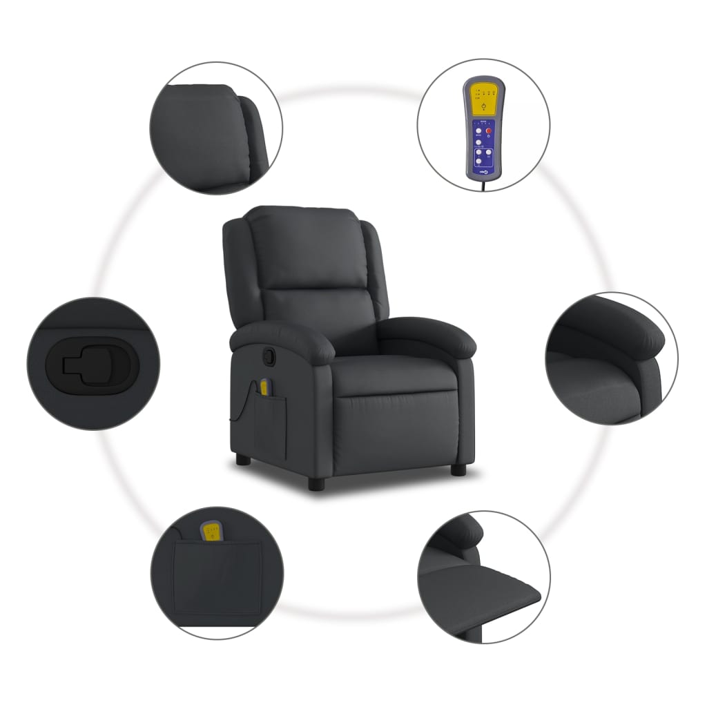 Massage Recliner Chair Black Real Leather