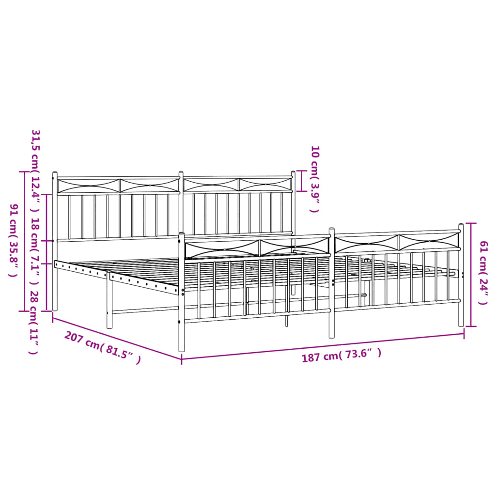 Metal Bed Frame without Mattress with Footboard Black 183x203 cm King