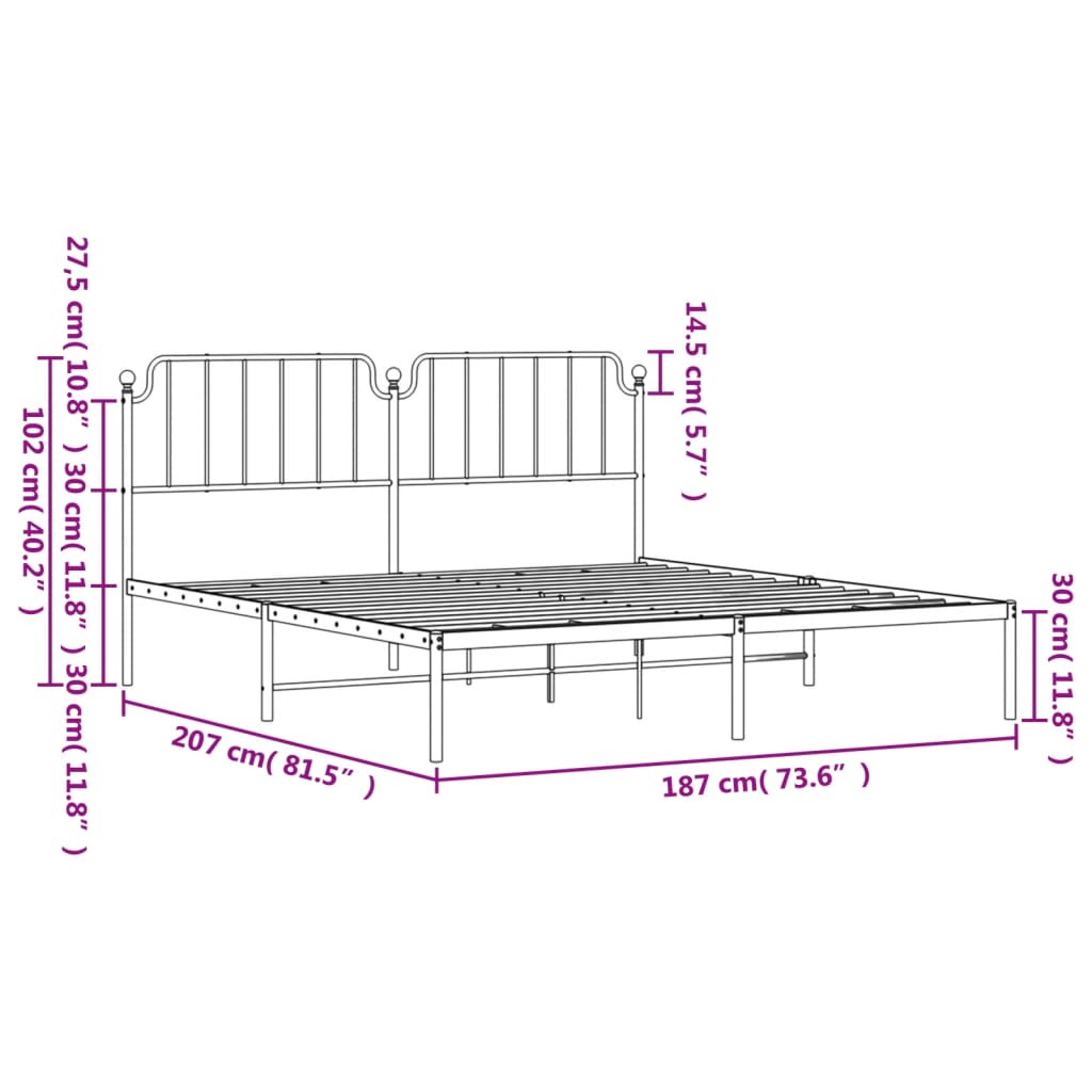 Metal Bed Frame without Mattress with Headboard Black 183x203 cm King