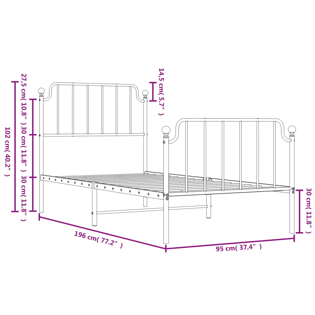 Metal Bed Frame without Mattress with Footboard White 90x190 cm