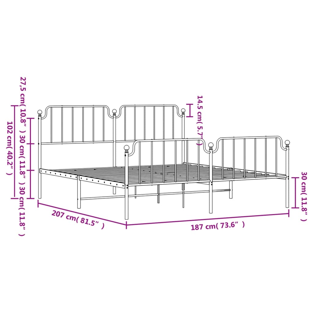 Metal Bed Frame without Mattress with Footboard White 183x203 cm King