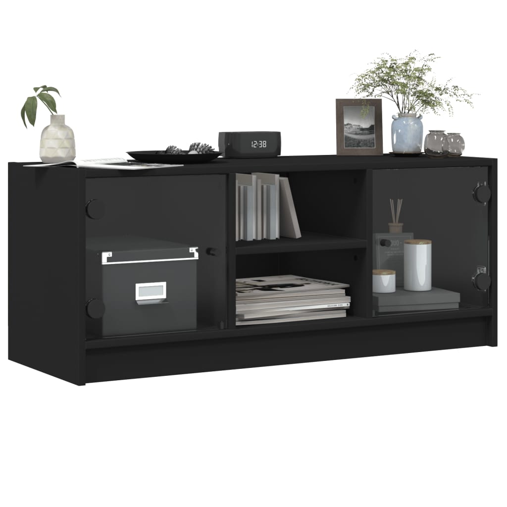 TV Cabinet with Glass Doors Black 102x37x42 cm