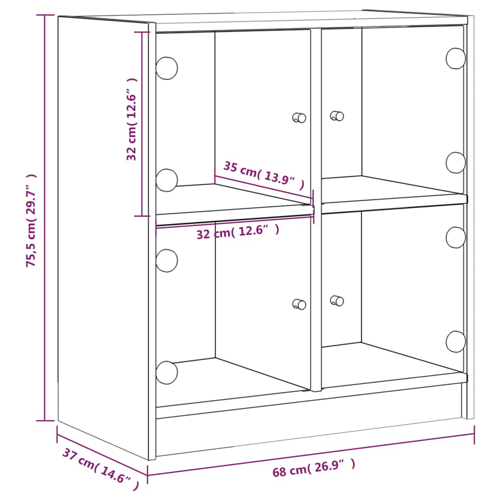 Side Cabinet with Glass Doors White 68x37x75.5 cm