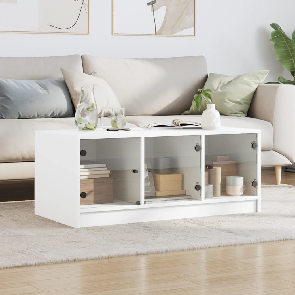 Coffee Table with Glass Doors White 102x50x42 cm