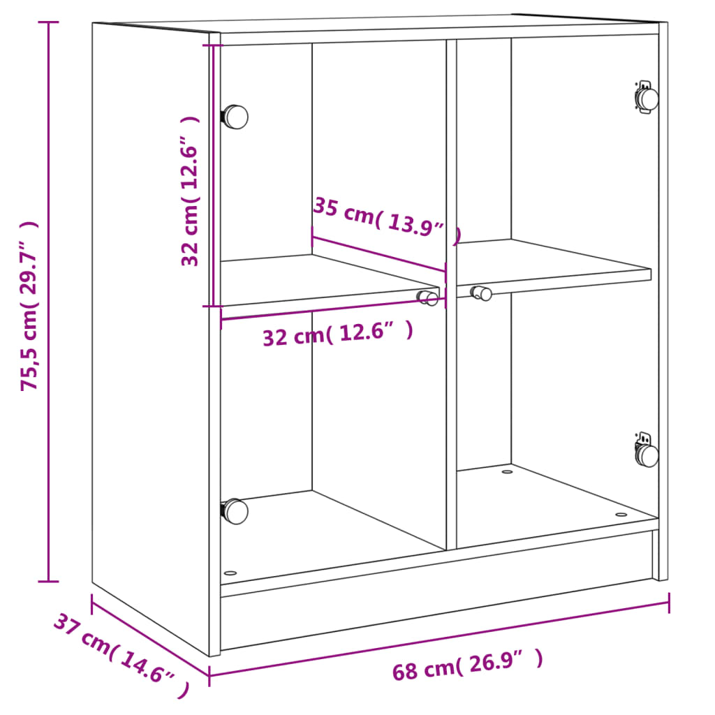 Side Cabinet with Glass Doors Black 68x37x75.5 cm