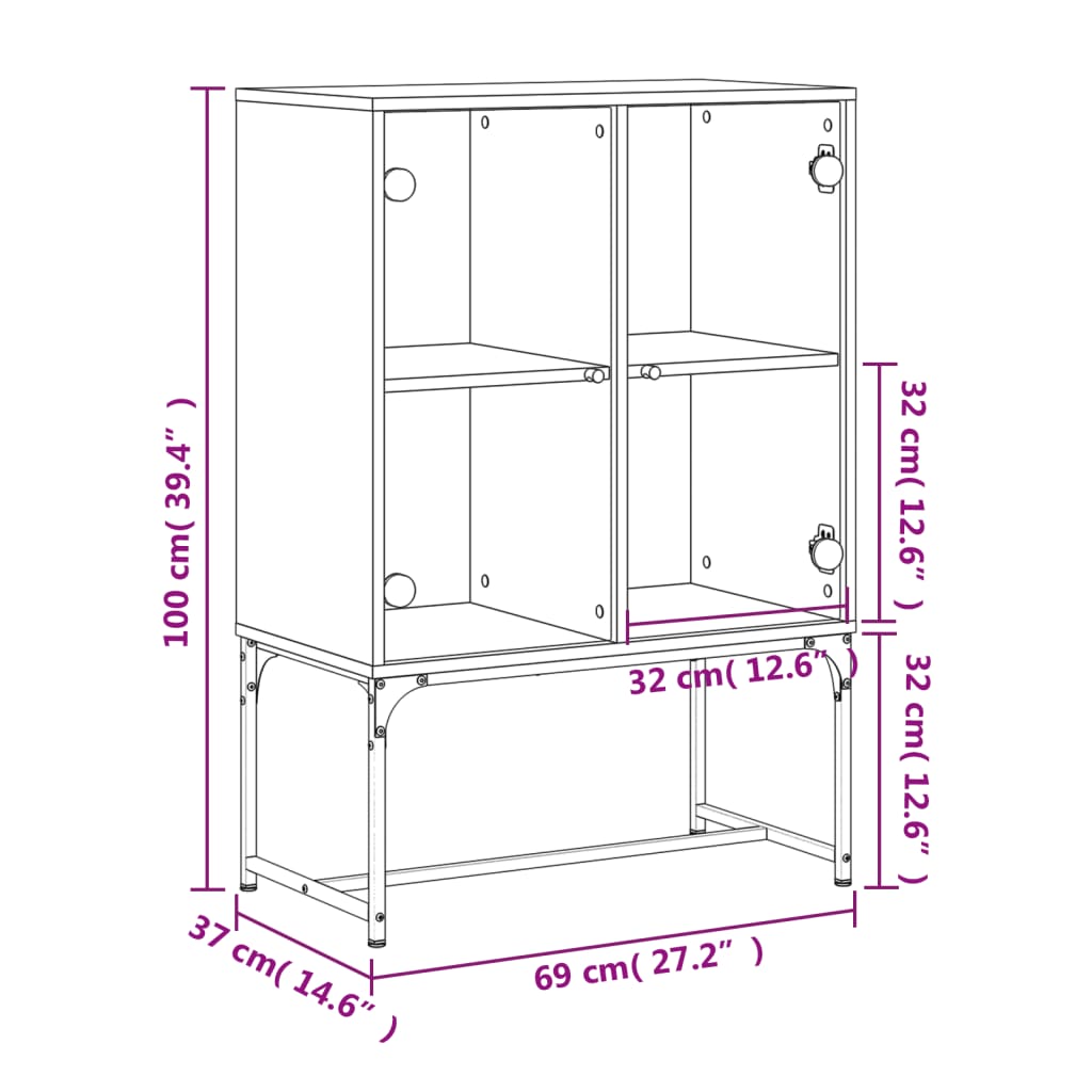 Side Cabinet with Glass Doors White 69x37x100 cm