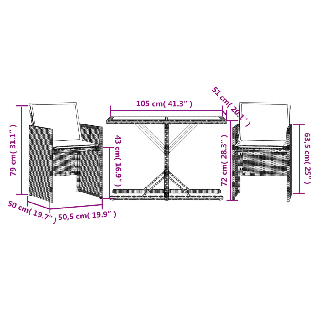 3 Piece Bistro Set with Cushions Mix Beige Poly Rattan