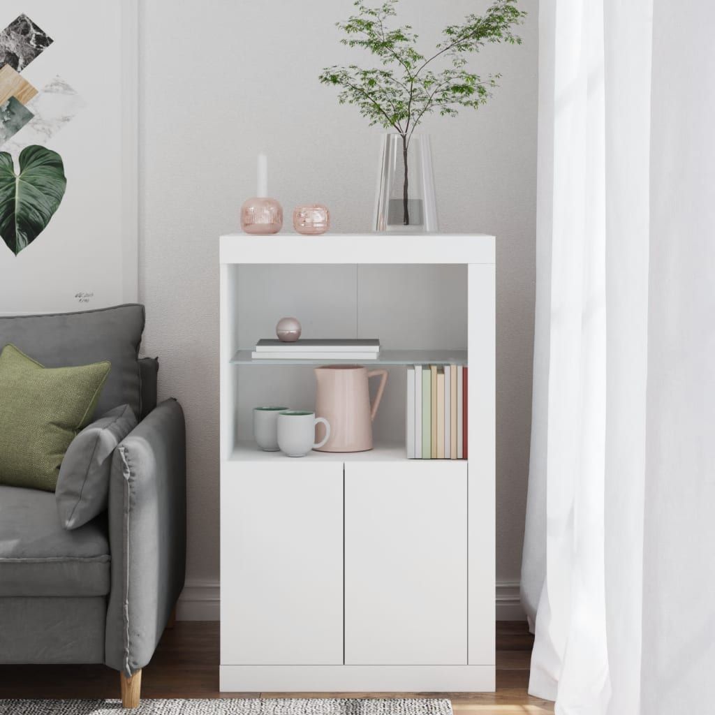 Side Cabinet with LED Lights White Engineered Wood