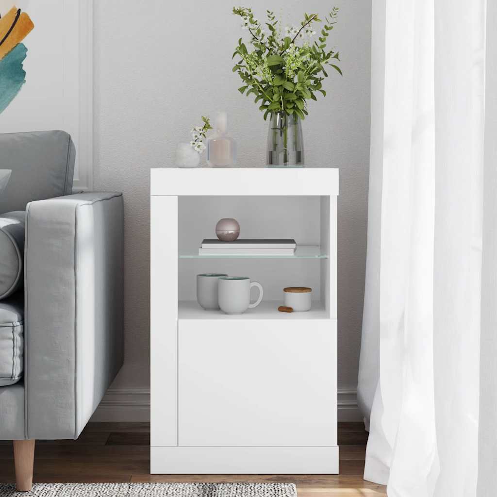 Side Cabinet with LED Lights White Engineered Wood