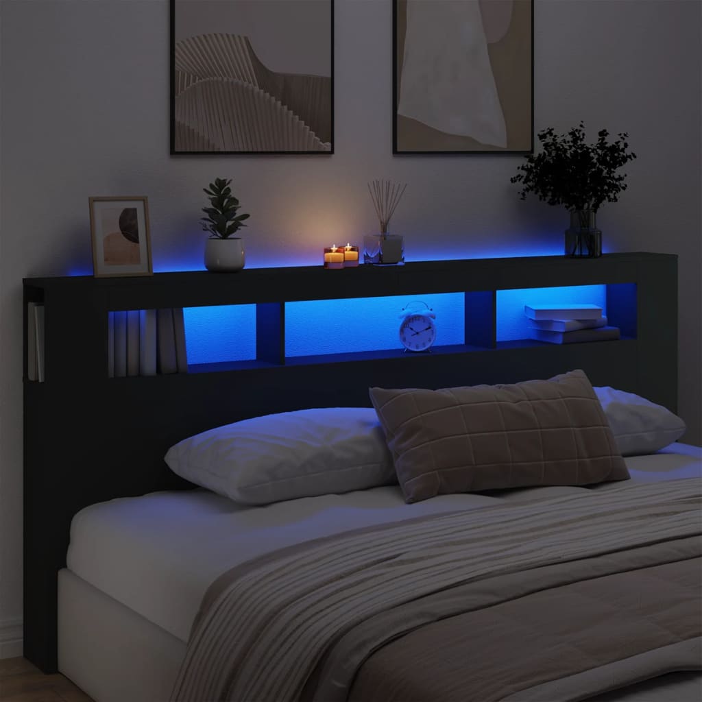 LED Headboard Black 220x18.5x103.5 cm Engineered Wood