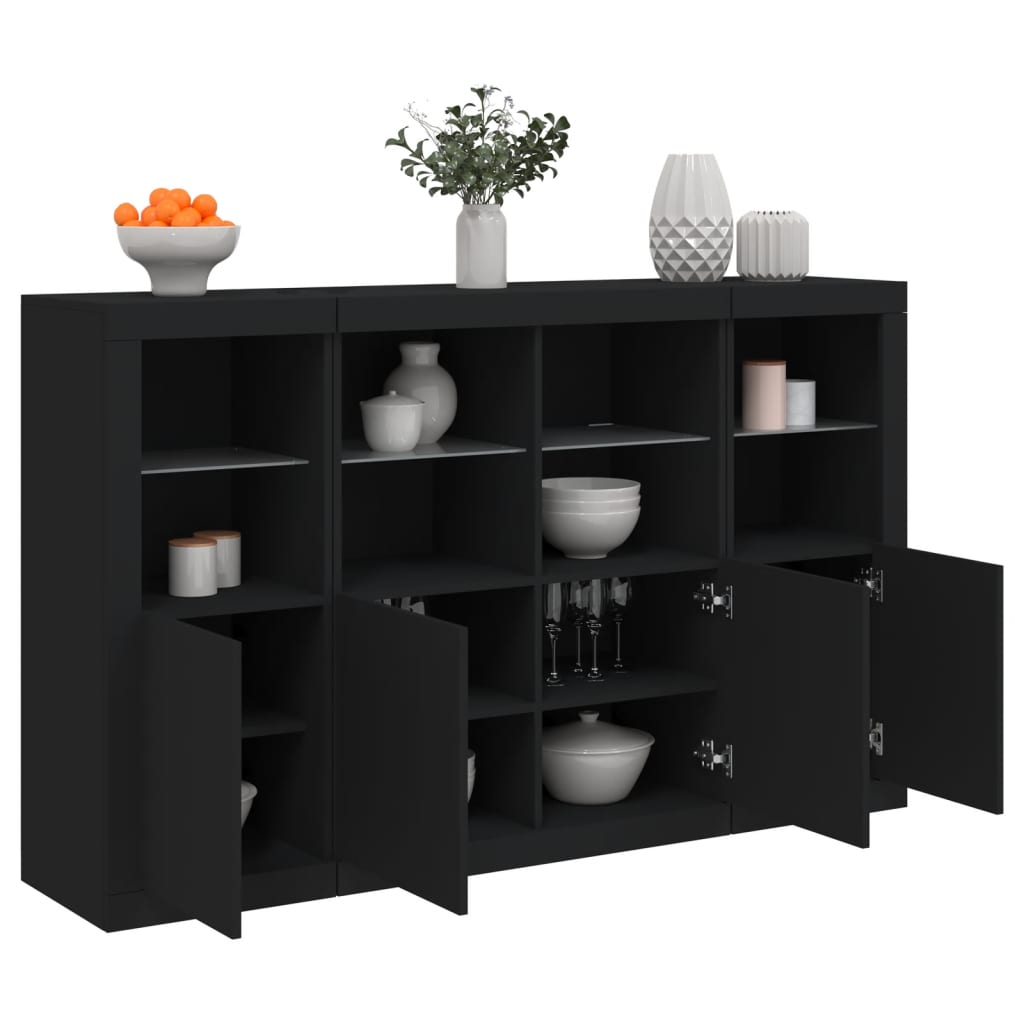 Sideboards with LED Lights 3 pcs Black Engineered Wood