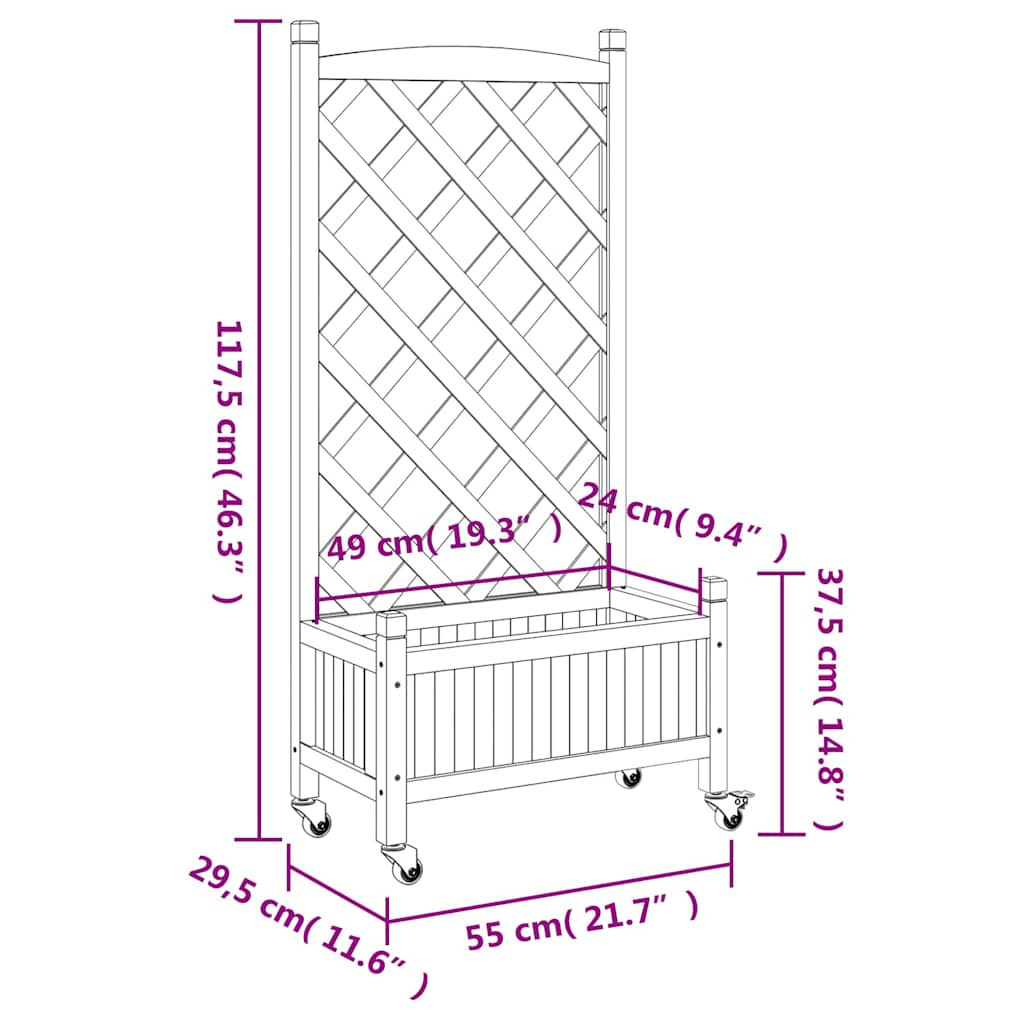 Planter with Trellis and Wheels Grey Solid Wood Fir