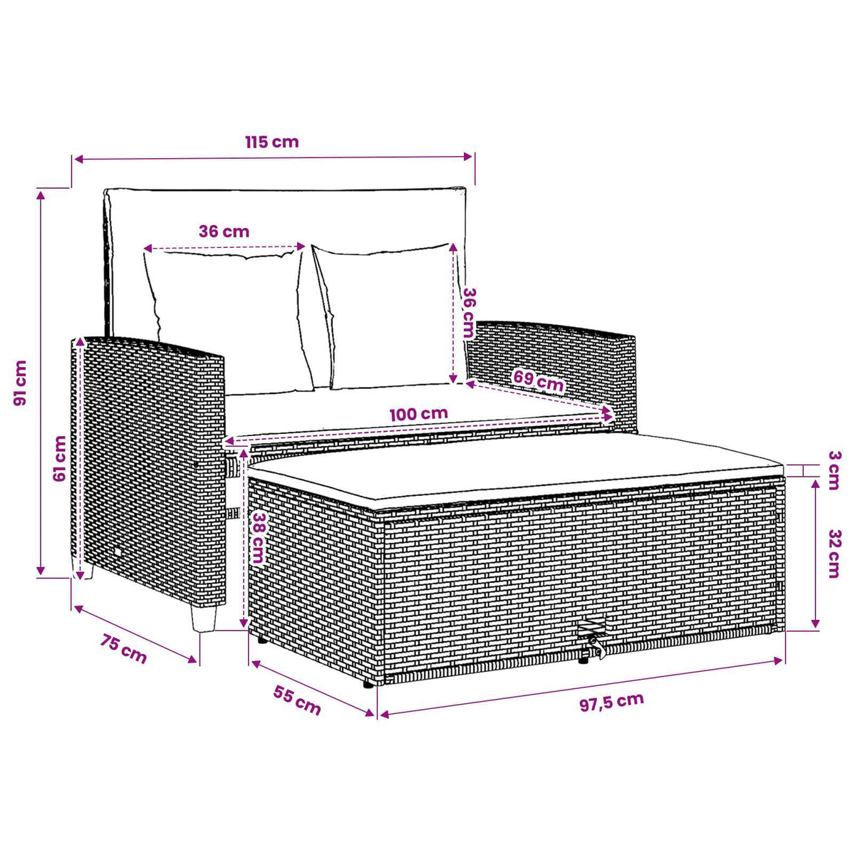 Garden Sofa with Cushions 2-Seater Grey Poly Rattan