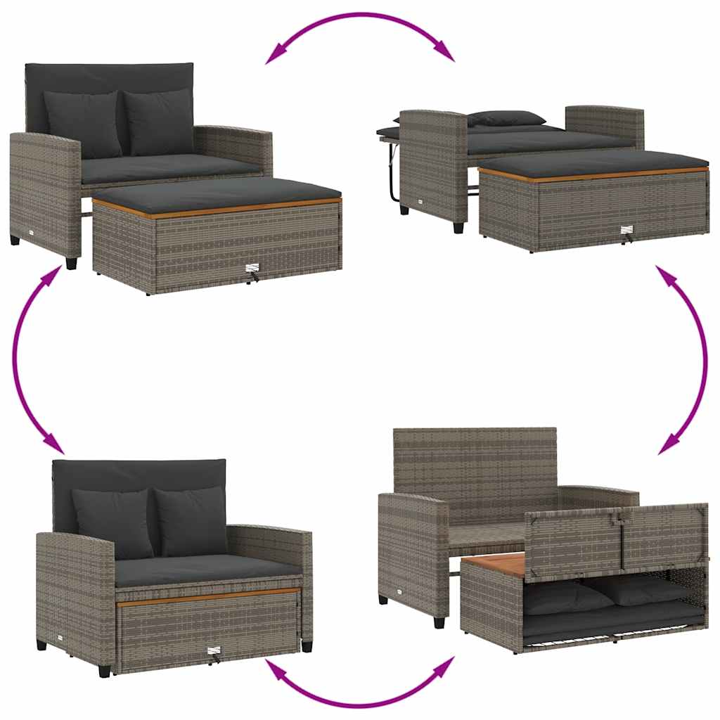 Garden Sofa with Cushions 2-Seater Grey Poly Rattan&Acacia Wood