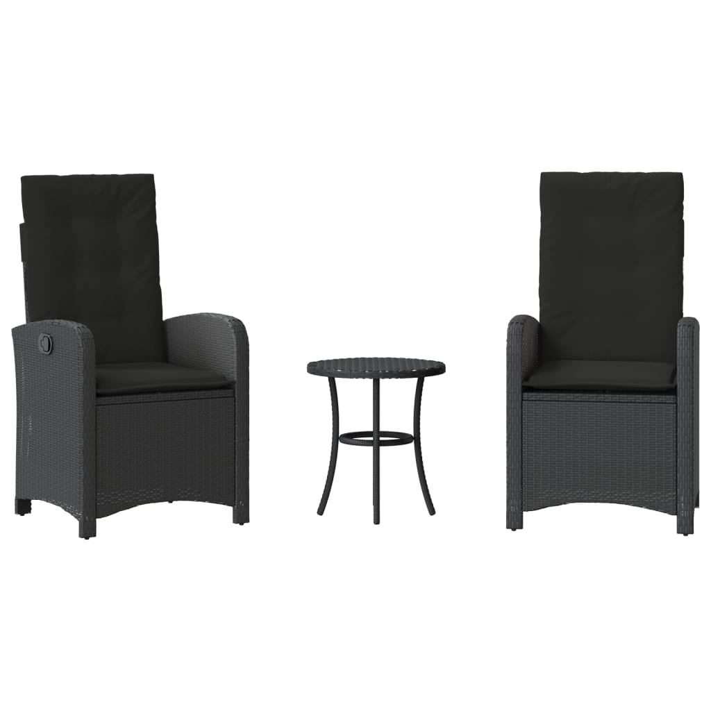 3 Piece Bistro Set with Cushions Black Poly Rattan