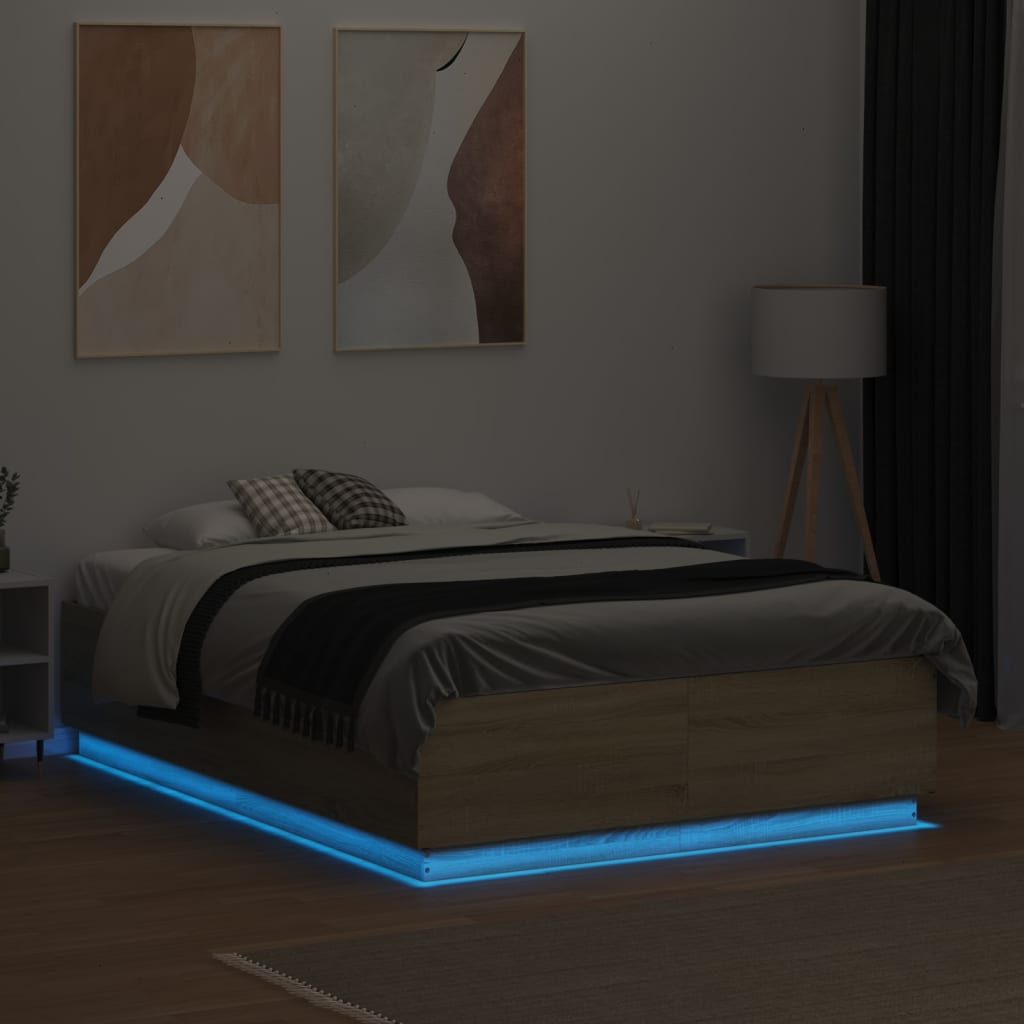 Bed Frame with LED without Mattress Sonoma Oak 135x190 cm