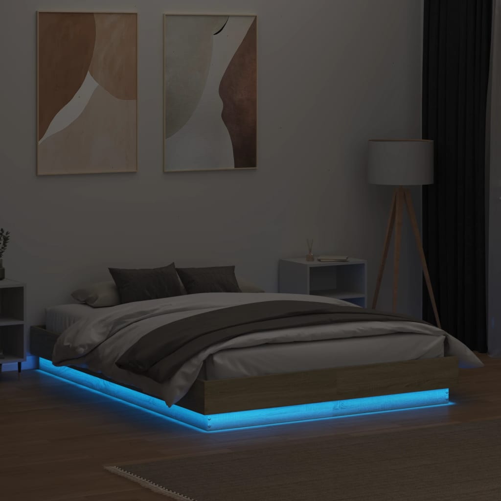 Bed Frame with LED without Mattress Sonoma Oak 135x190 cm