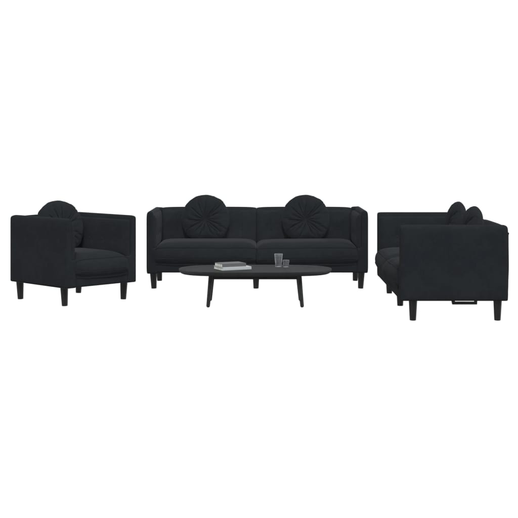 3 Piece Sofa Set with Pillows Black Velvet