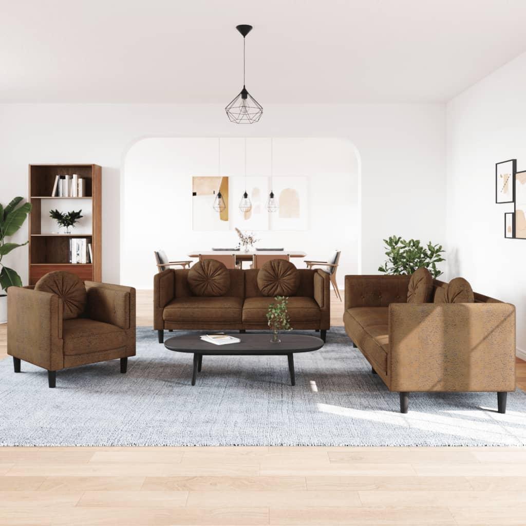 3 Piece Sofa Set with Pillows Brown Velvet