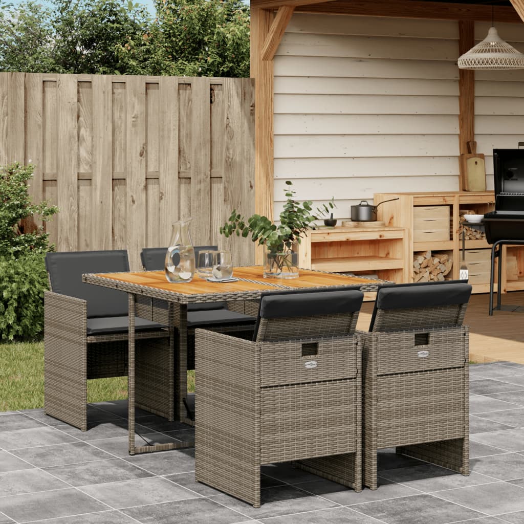5 Piece Garden Dining Set with Cushions Grey Poly Rattan