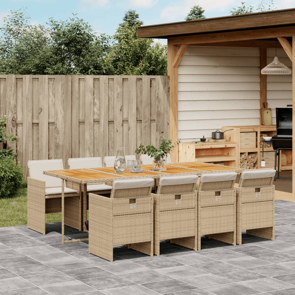 9 Piece Garden Dining Set with Cushions Beige Poly Rattan