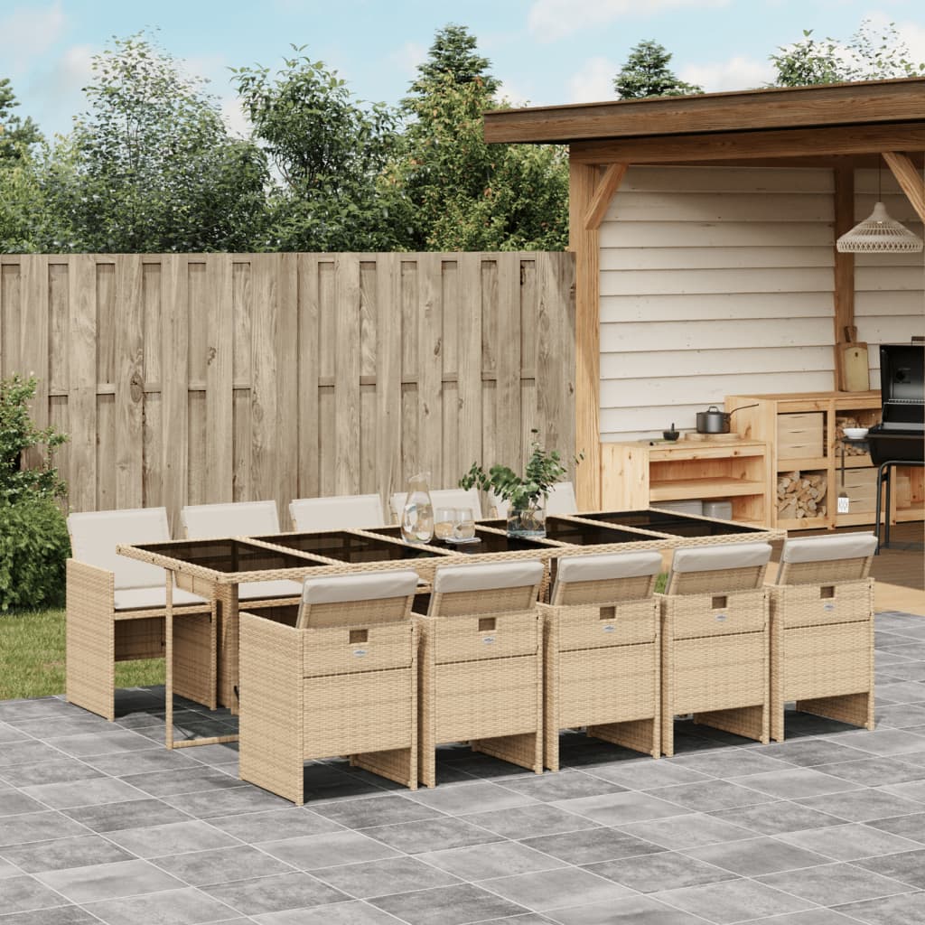 11 Piece Garden Dining Set with Cushions Beige Poly Rattan