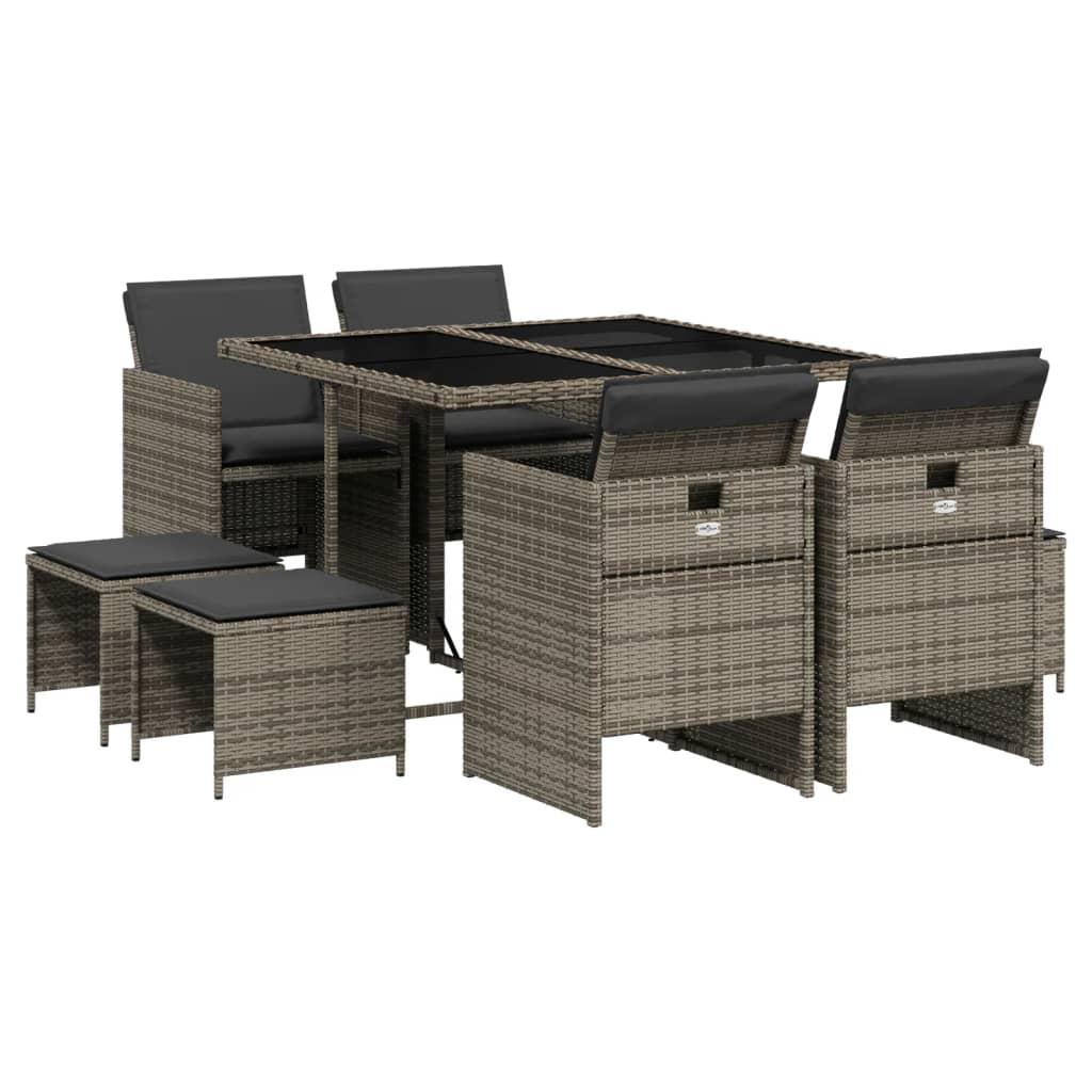 9 Piece Garden Dining Set with Cushions Grey Poly Rattan