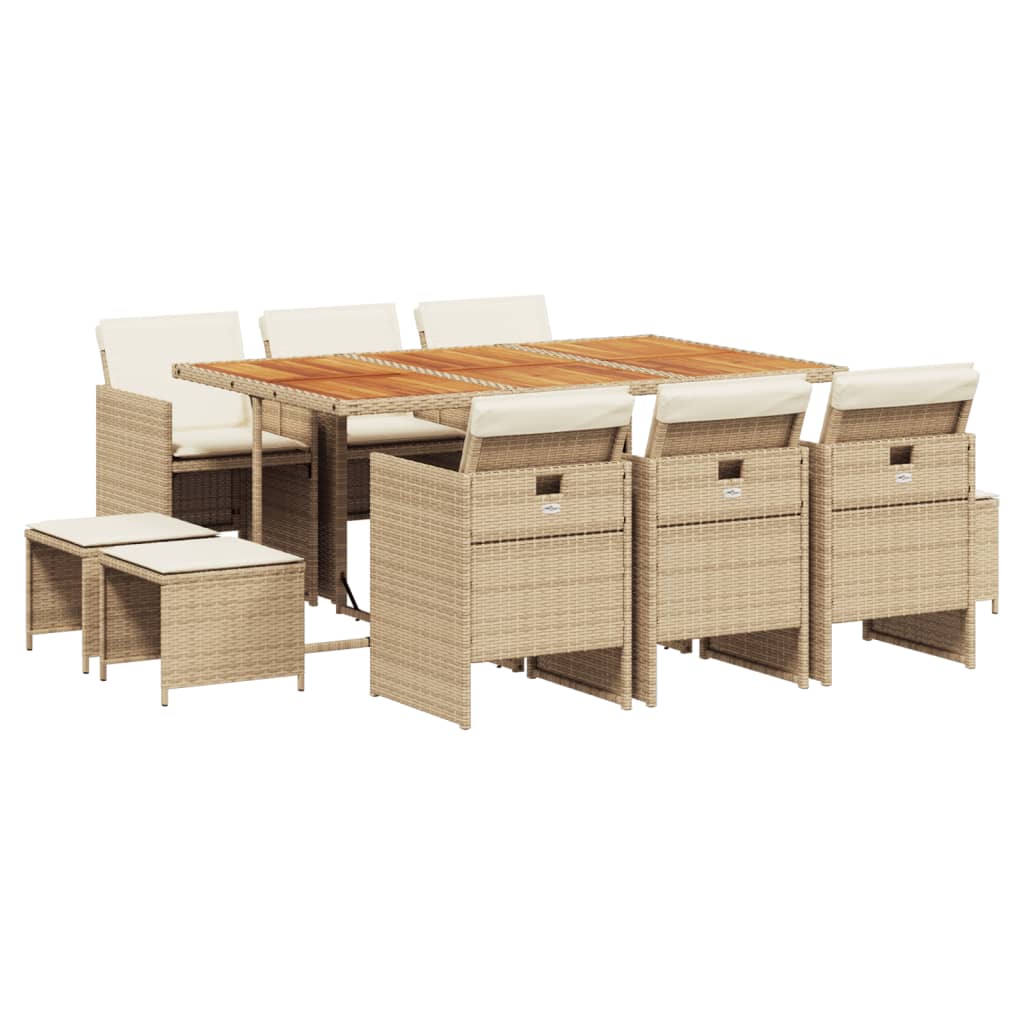 11 Piece Garden Dining Set with Cushions Beige Poly Rattan