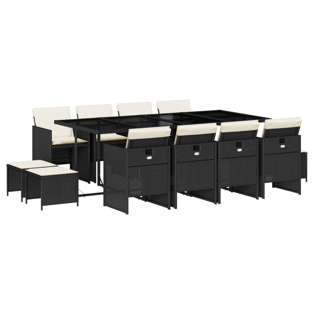 13 Piece Garden Dining Set with Cushions Black Poly Rattan