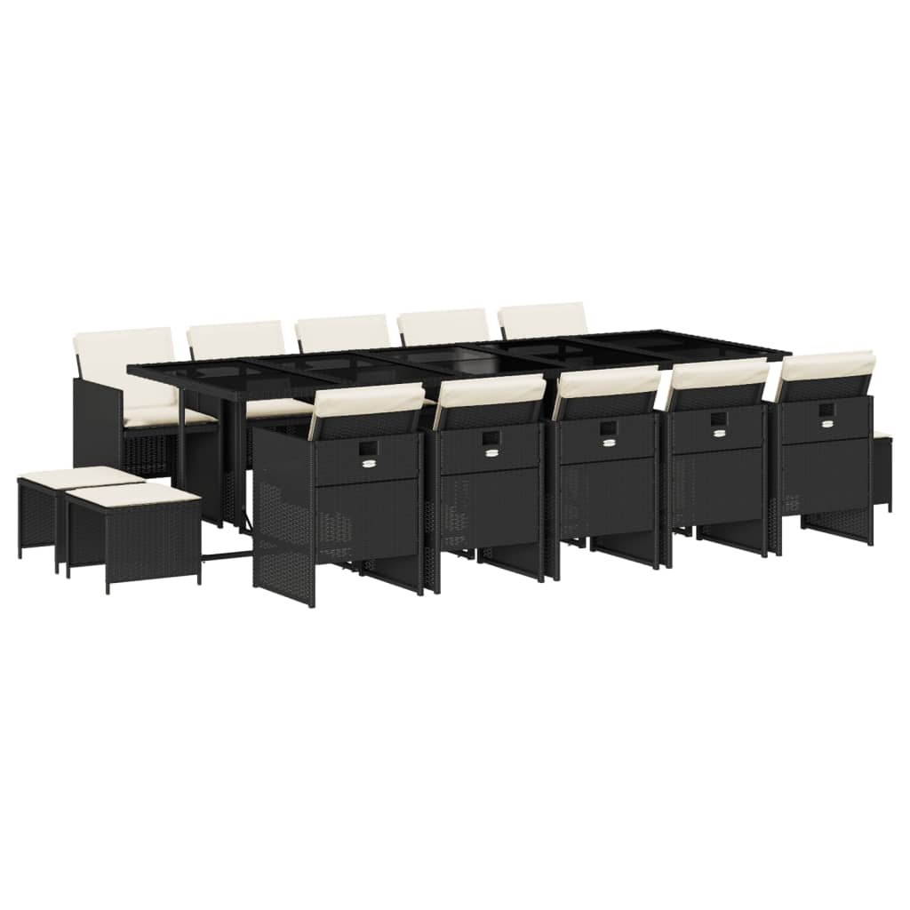 15 Piece Garden Dining Set with Cushions Black Poly Rattan