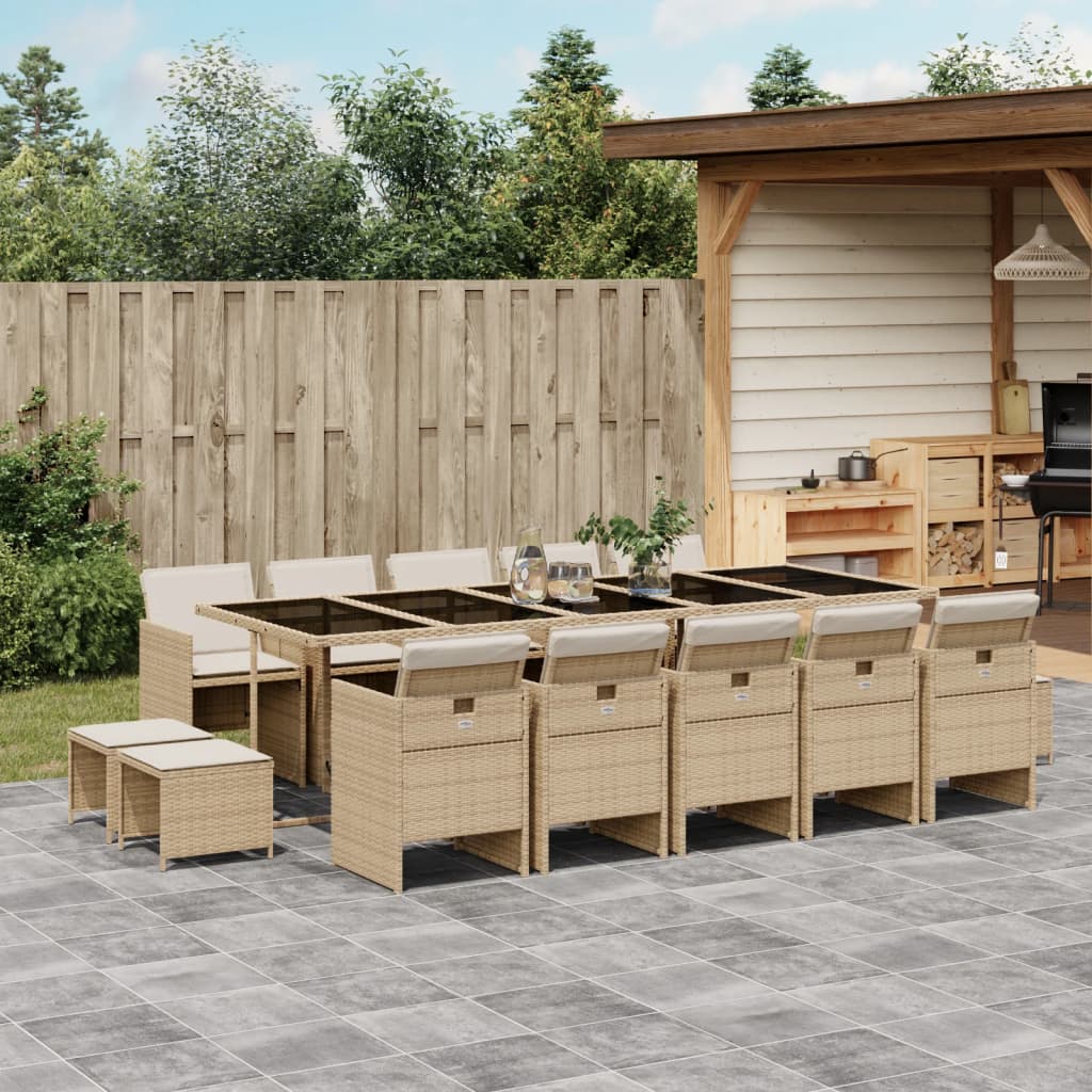 15 Piece Garden Dining Set with Cushions Beige Poly Rattan