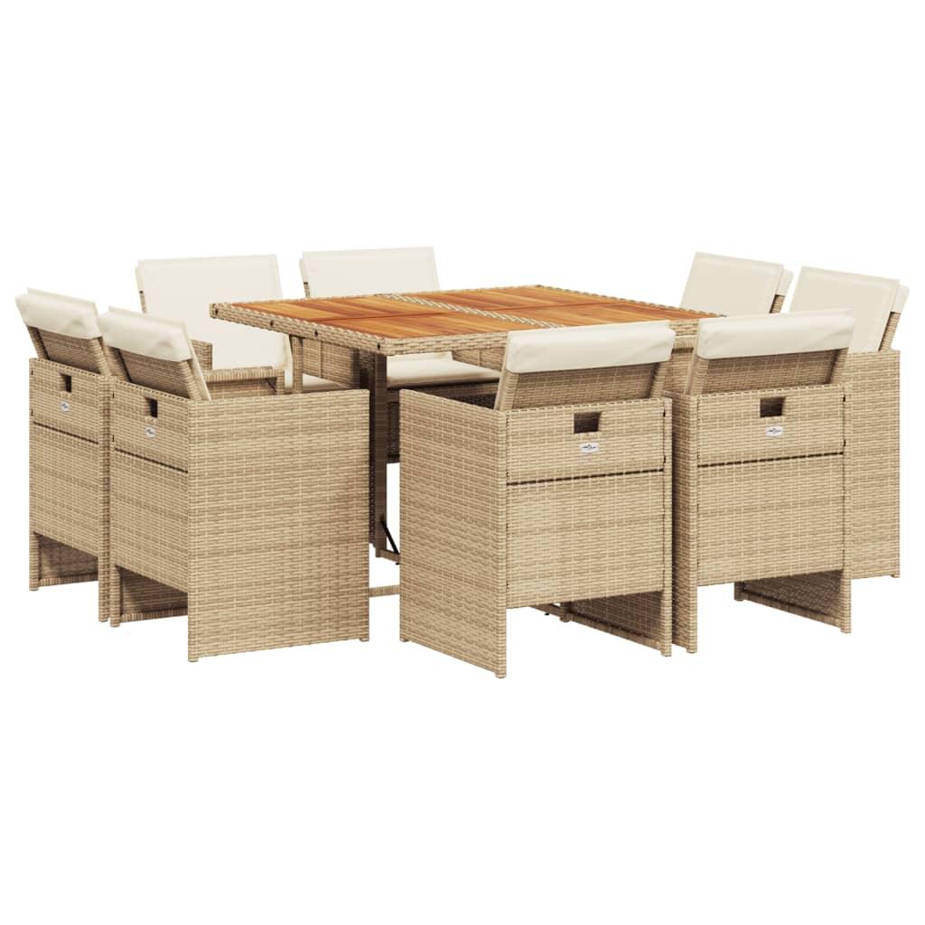 9 Piece Garden Dining Set with Cushions Beige Poly Rattan