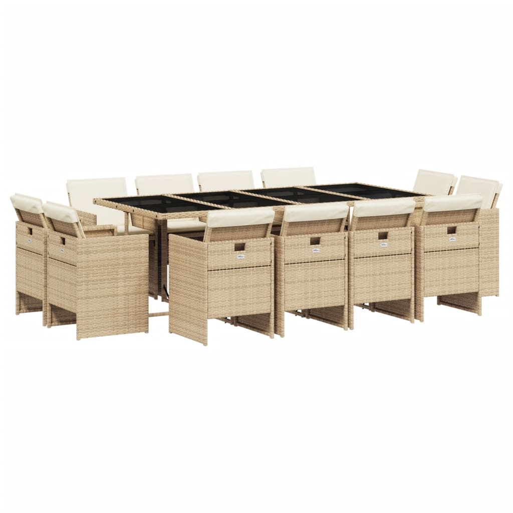 13 Piece Garden Dining Set with Cushions Beige Poly Rattan