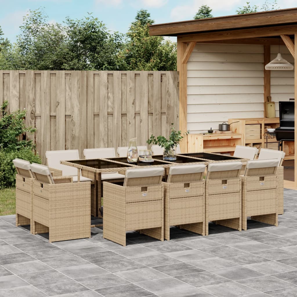 13 Piece Garden Dining Set with Cushions Beige Poly Rattan